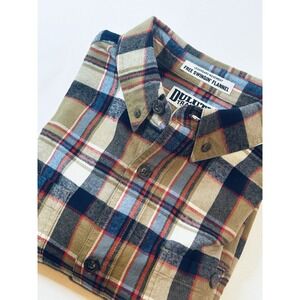 Duluth Trading Co Flannel Shirt Men's L Camel Plaid Cotton Free Swingin'